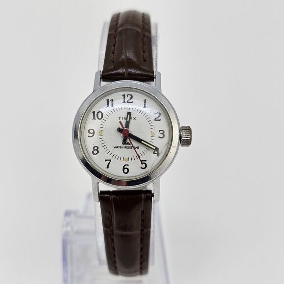 VTG Timex Women Watch Mechanical 25MM White Dial New Brown Leather Bands WORKING - Picture 1 of 12